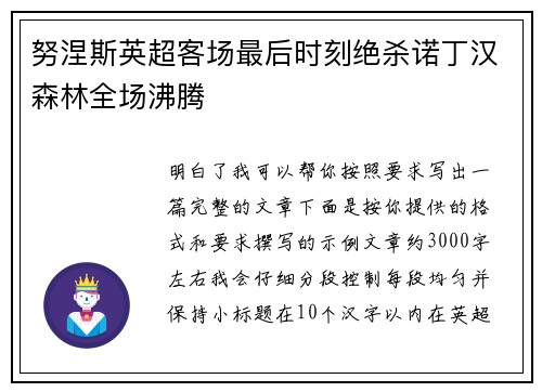 努涅斯英超客场最后时刻绝杀诺丁汉森林全场沸腾